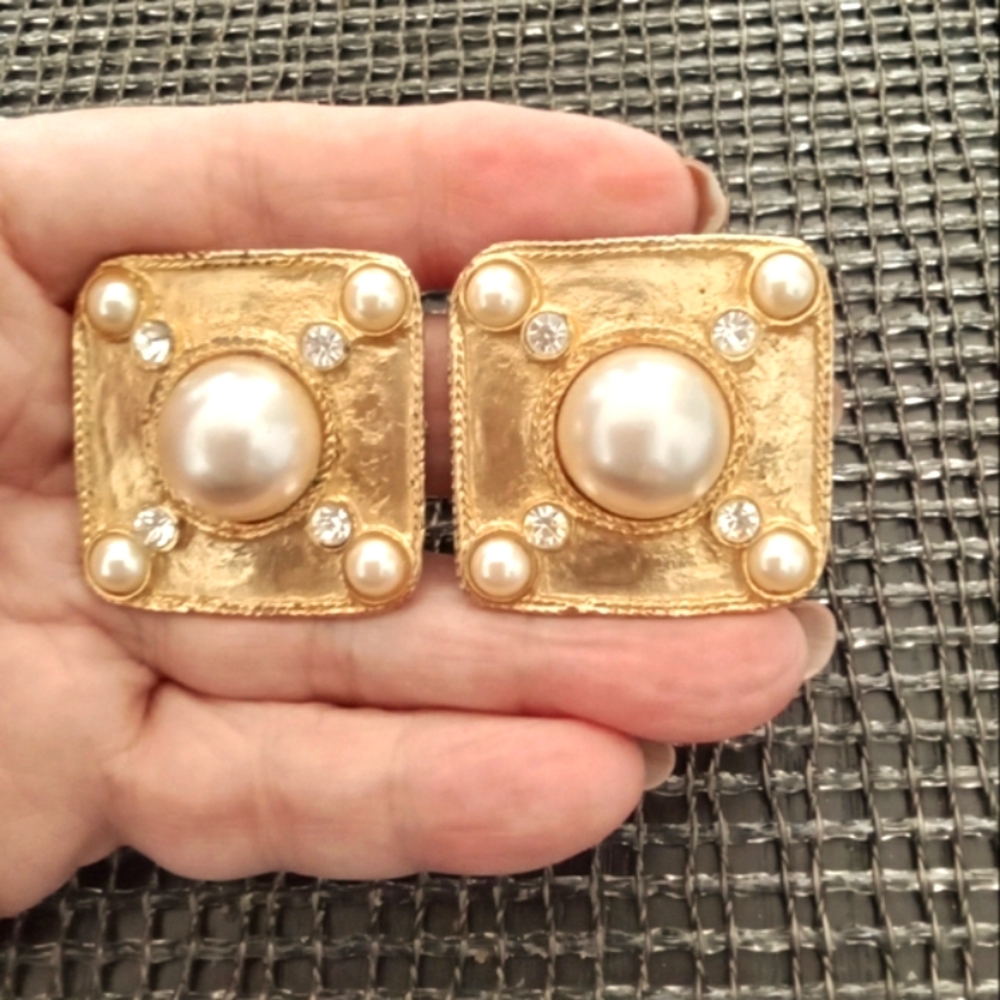 Gold-tone Faux Pearl Clip Statement Earrings